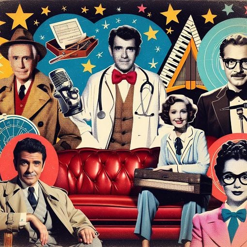 A vibrant collage of famous TV show characters, featuring iconic symbols like a couch, piano keyboard, and stars, with a nostalgic retro theme.