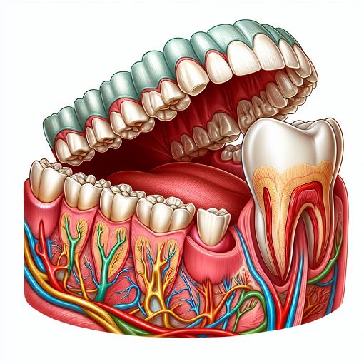 A detailed illustration of the oral cavity anatomy including teeth, nerves, and salivary glands, colorful and engaging for educational purposes.