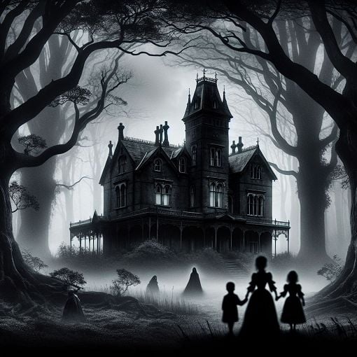 A mysterious Victorian house with shadows of two ghostly children and a governess in the foreground, surrounded by a dark and eerie forest, capturing the essence of suspense and intrigue from The Turn of the Screw.