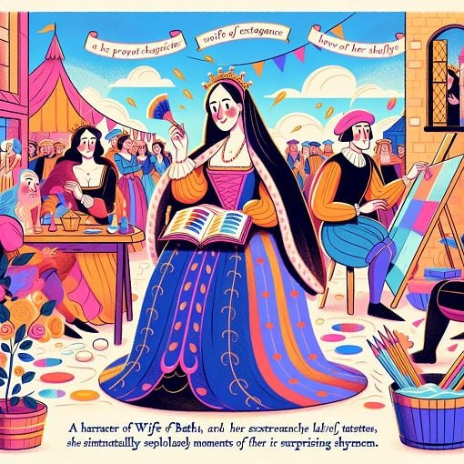 Create an illustration of characters inspired by Geoffrey Chaucer's Wife of Bath with a whimsical and colorful scene, showcasing personality traits like extravagance, strength, and shyness