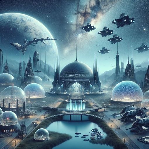 A dystopian landscape depicting a strong, unified nation with military might, contrasting themes of peace and conflict, futuristic technology, and an ethereal sky filled with stars, symbolizing the dream of exploring space.