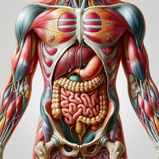 A detailed anatomical diagram of the human abdomen, highlighting muscles, organs, and key anatomical landmarks, in a vibrant and educational style.