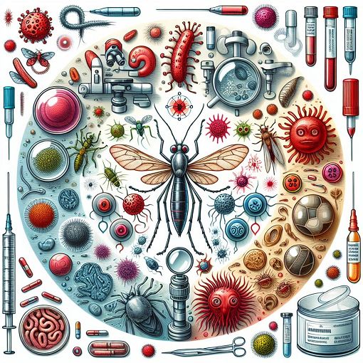 A detailed illustration of various tropical diseases' symptoms and diagnostic methods, with a focus on microbiology and serology, in a vibrant, educational style.