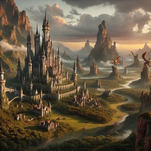 An epic fantasy landscape featuring ancient castles, mythical creatures, and vast terrains, representing the world of Feia