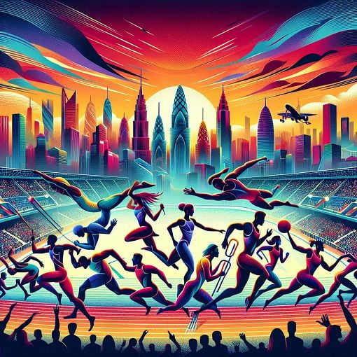 A vibrant and dynamic illustration of Olympic sports, featuring athletes from various disciplines competing, with the Tokyo skyline in the background during a sunset.