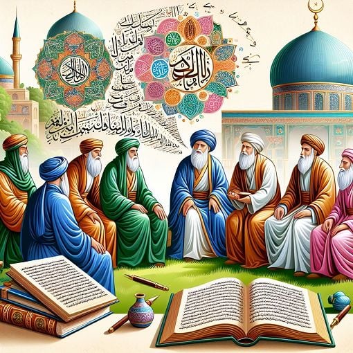 An educational illustration depicting Islamic prophets and companions, featuring an open book, vibrant colors, and a serene background.