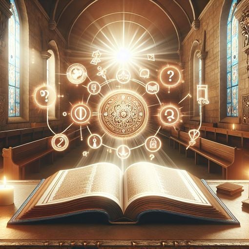 Create an image of an open Bible with light shining down on it, surrounded by quiz-related elements like question marks and symbols of knowledge, set in a serene church background.