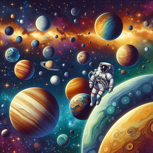 A vibrant and colorful illustration of the solar system, featuring planets, stars, and an astronaut floating in space.