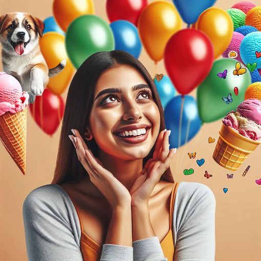 Create an image of a cheerful young person surrounded by symbols representing their favorite things, including a dog, ice cream, and colorful balloons.