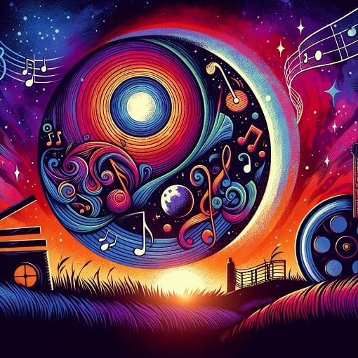 Create an engaging and colorful illustration that represents a quiz about someone's personal likes and personality traits, featuring elements such as music notes, movie reels, a planet, and a colorful sunset background.