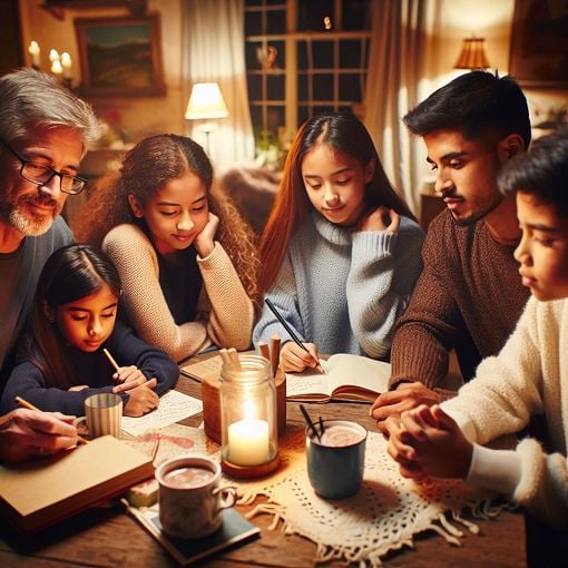 A family engaging in an educational activity together, emphasizing values of empathy, cooperation, and learning in a warm and inviting setting.