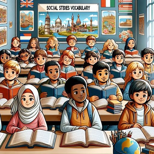 Create an engaging illustration of students learning about social studies vocabulary, featuring diverse children in a classroom with books and historical landmarks in the background.