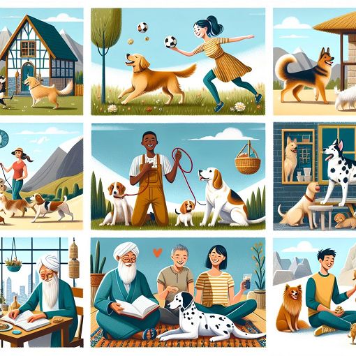 A whimsical illustration of various dog breeds playing with their potential owners in different living environments, showcasing diversity and fun.