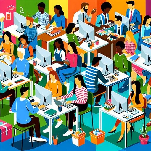 A vibrant and engaging illustration representing a classroom environment with students working on a yearbook project, featuring elements like computers, photos, and text boxes, in a bright color palette.