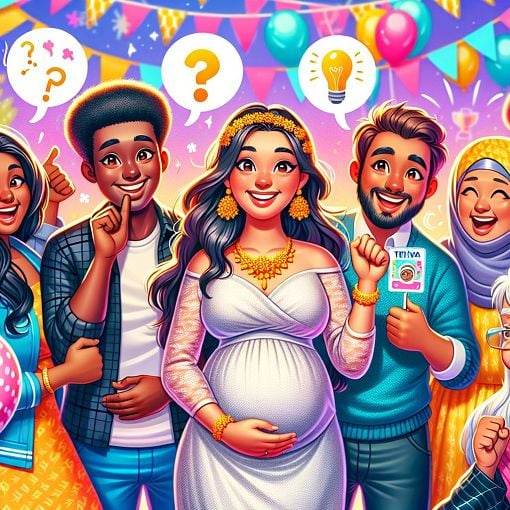 A lively and colorful illustration depicting a pregnant woman surrounded by friends and family, with a fun quiz atmosphere in the background.