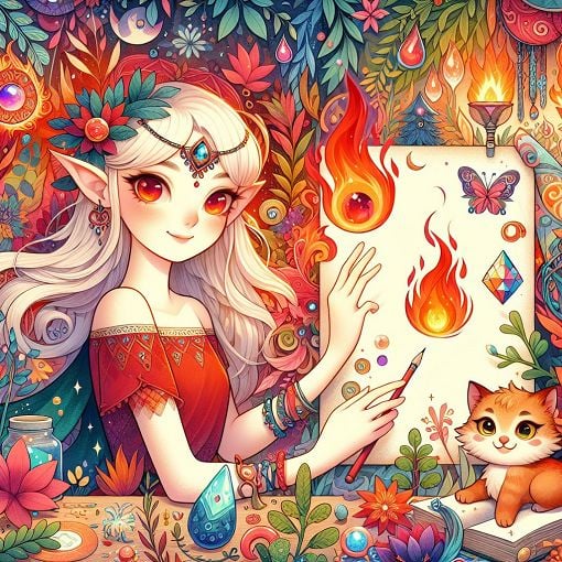 A whimsical illustration of a character named Willow, featuring fiery elements and fantasy themes, depicting her with red eyes and a playful feline companion in a vibrant, magical environment.