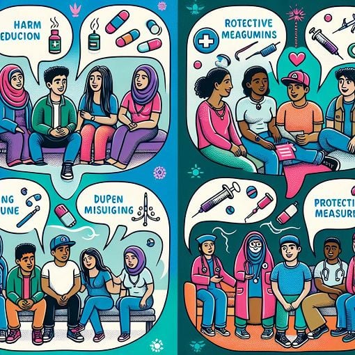 An informative and visually appealing illustration depicting harm reduction strategies, supportive healthcare interactions, and a diverse group of individuals engaging positively with substance use conversations.