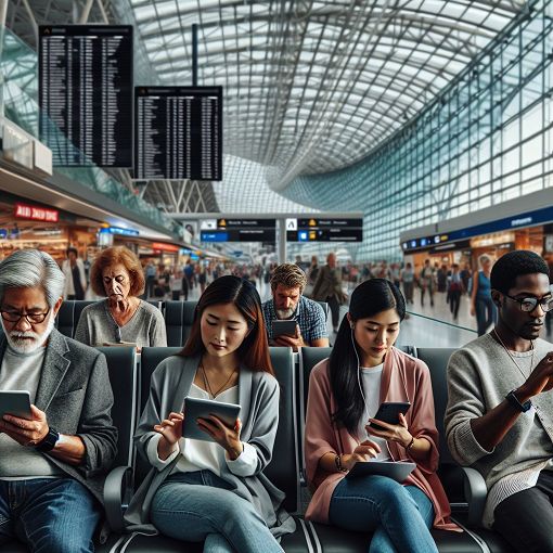 A modern airport terminal with travelers using electronic devices, showcasing attention to digital security and privacy.