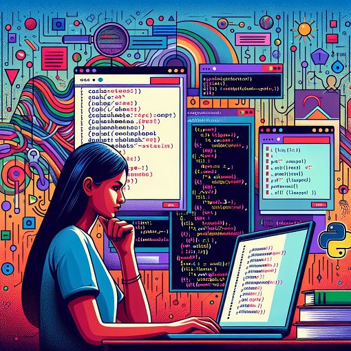 A colorful illustration showing a person taking an online programming quiz with elements of SAS and Python code in the background.