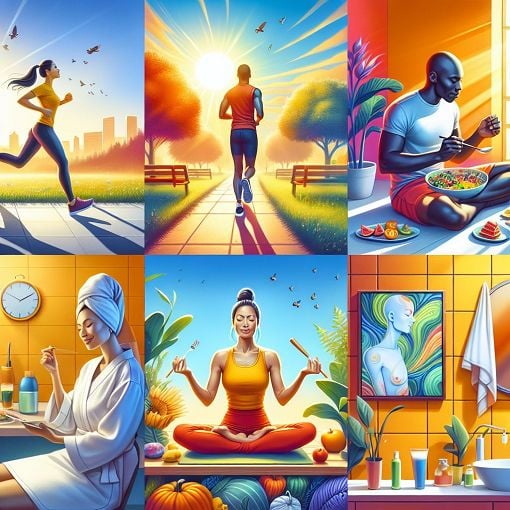 A vibrant and uplifting image of diverse individuals engaging in activities like exercise, beauty routines, and self-care, with bright colors and an inspiring atmosphere.