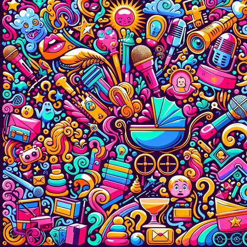 A colorful and engaging illustration featuring various fun and quirky elements related to celebrity culture, pregnancy cravings, and playful trivia themes.