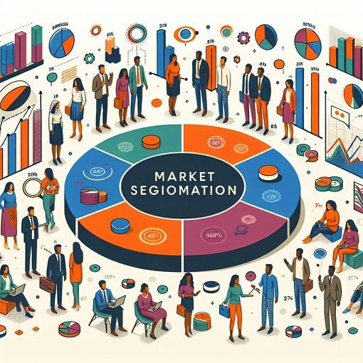 Create an engaging and modern illustration representing market segmentation, with elements like graphs, diverse groups of people, and demographic charts, reflecting a marketing theme.