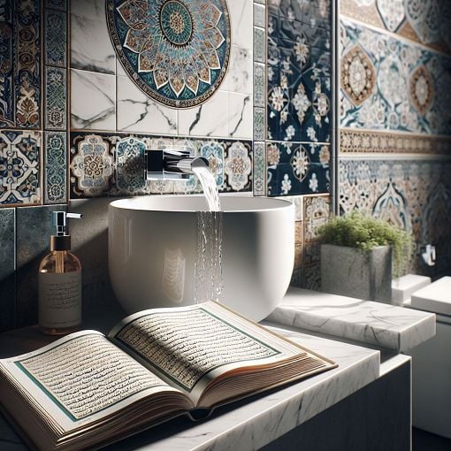 A serene bathroom setting with flowing water, an open Quran, and Islamic motifs in the background.