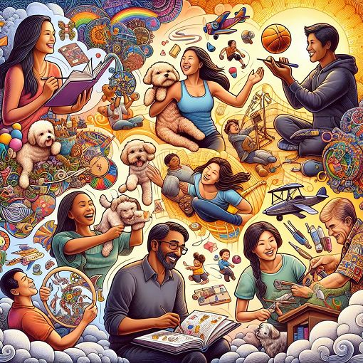 A vibrant and colorful illustration featuring diverse people happily interacting, each surrounded by elements representing their hobbies and interests, such as books, pets, and sports. The background should be whimsical and inviting.