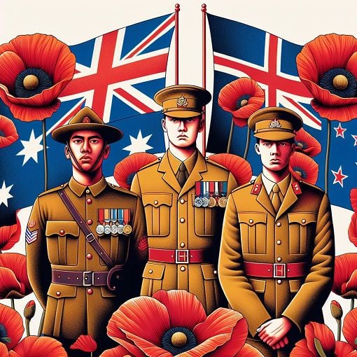 A vibrant and educational illustration of ANZAC Day, featuring poppies, soldiers, and the Australian and New Zealand flags in a respectful setting.