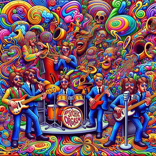 A vibrant and abstract representation of a fictional band named Psychic Orgasm, featuring musical instruments, colorful psychedelic patterns, and cartoonish band members that embody humor and creativity.