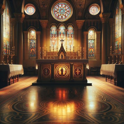 A serene interior view of a traditional church, focusing on a beautifully adorned altar with liturgical symbols, soft golden light filtering through stained glass windows, and a sense of sacredness and peace.