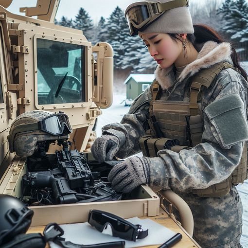 A military driver in uniform inspecting a JLTV vehicle in a snowy environment with safety gear visible.