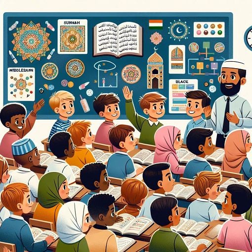 Generate an image depicting a classroom setting where young students are engaged in learning about Islamic practices, with visual elements representing Sunnah prayers and Islamic teachings.