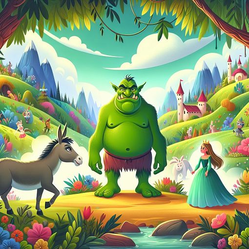 A whimsical illustration of a green ogre in a fairytale setting, surrounded by various fairy tale characters, including a donkey and a princess, with vibrant colors and a magical atmosphere.