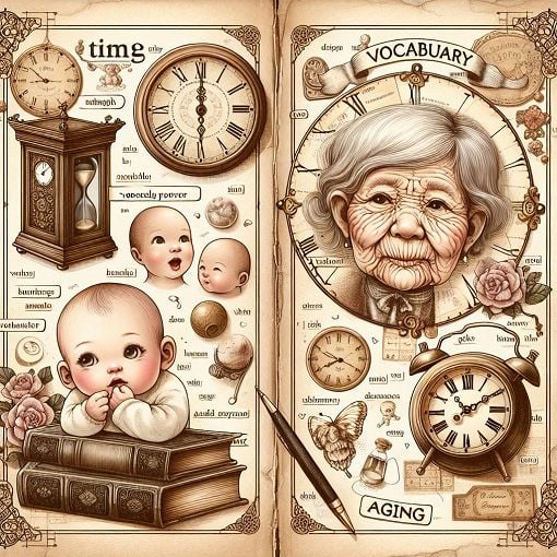 A whimsical book page with vintage illustrations, featuring a clock, vocabulary words, and elements related to aging, like a baby and an elderly person.