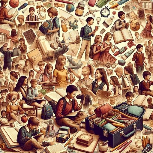 A nostalgic school-themed collage featuring students, funny moments, and school items like textbooks and lunchboxes.