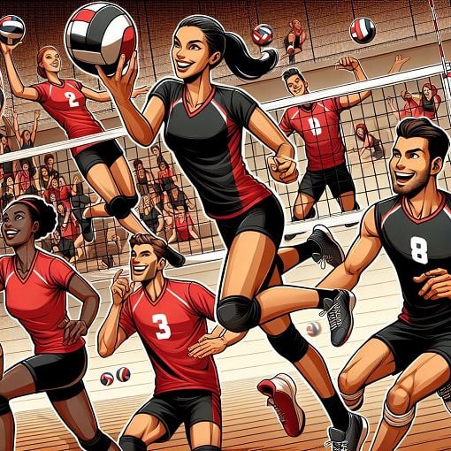 Create an illustration of a vibrant volleyball team with a red and black theme, showing players in action, laughing, and having fun, with volleyballs and nets in the background.