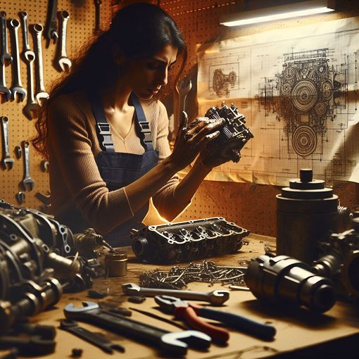 A mechanical engineer examining various engine components and systems in a workshop, surrounded by tools and diagrams related to engine maintenance and performance.