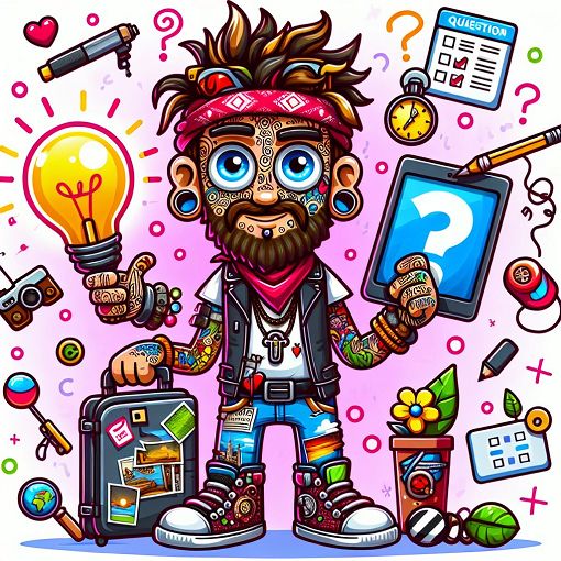 A colorful and engaging cartoon-style illustration of a character named Tom with various attributes like tattoos, a smartphone, and travel souvenirs, set in a playful quiz-themed background.