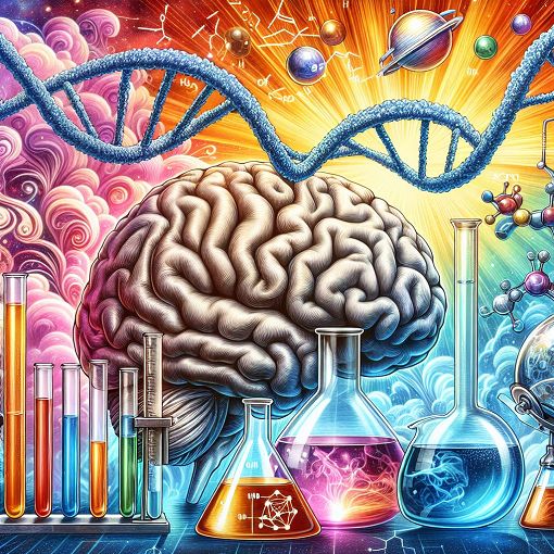 Create an engaging and educational image that represents science concepts for high school students, including elements like brain, DNA, chemical reactions, and optics, with a bright and colorful background.