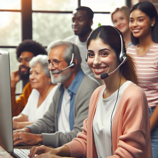 Create an illustration featuring a friendly customer service representative engaging with a diverse group of customers, emphasizing compassion and positive communication. Include elements like a phone headset, a computer, and a welcoming environment.