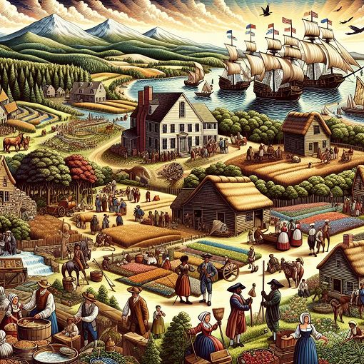 A colorful illustration depicting early American colonies with diverse landscapes, settlers, and historical elements like ships and farms.