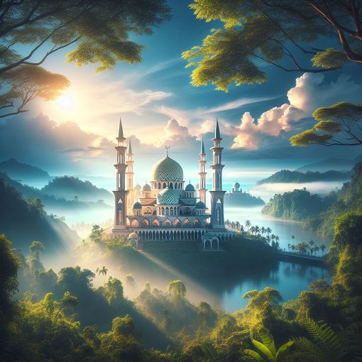 A serene landscape with a beautiful mosque in the background, surrounded by nature and a clear blue sky, symbolizing peace and spirituality in Islam.