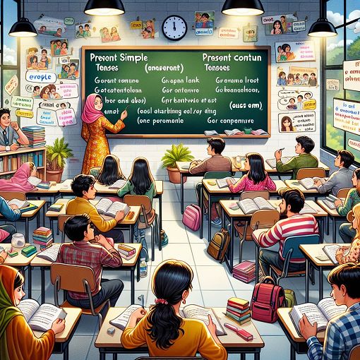 A colorful and educational illustration showing a classroom setting with students learning English grammar, with focus on present simple and present continuous tenses, including examples and visuals of activities.