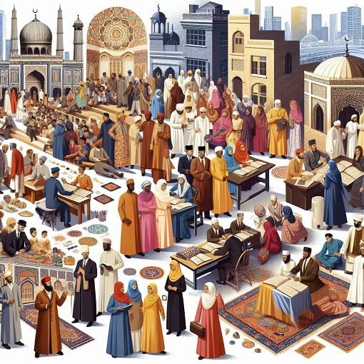 A vibrant and engaging illustration showcasing key figures and events in Muslim American history, featuring historical imagery, symbols, and cultural elements relevant to the Muslim community in the USA.