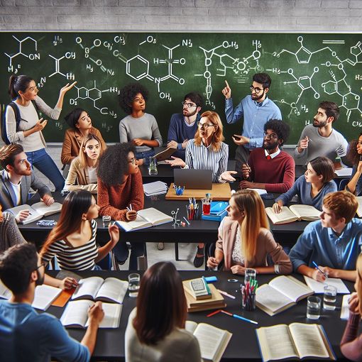 A vibrant classroom scene with students discussing chemistry, with chemical compounds and reactions illustrated on a chalkboard.