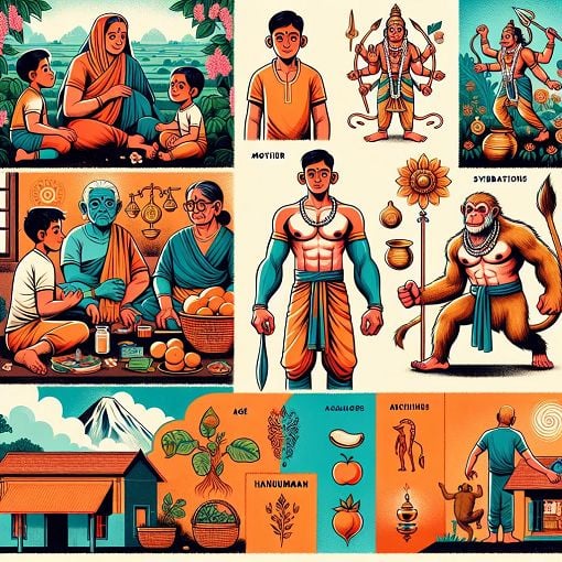 A colorful illustration depicting scenes from the early life of Ghanshyam, showcasing his mother and father, along with divine symbols and mythical figures like Hanuman.