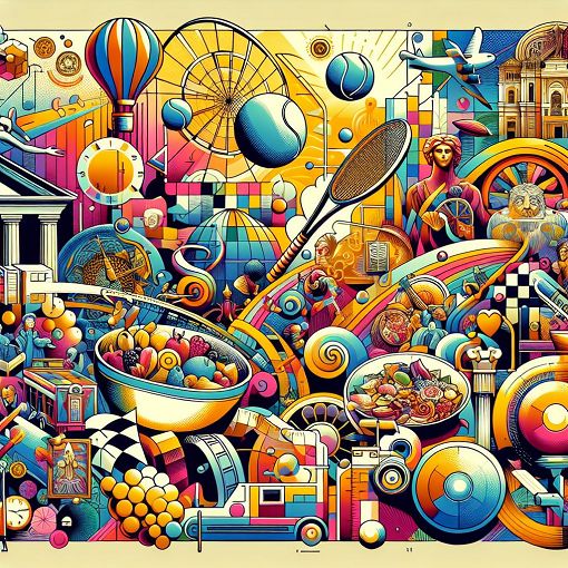 Create an image that shows a vibrant mix of symbols representing various topics like tennis, cultural foods, historical landmarks, famous paintings, and popular movies, all intertwined in a colorful, engaging design.