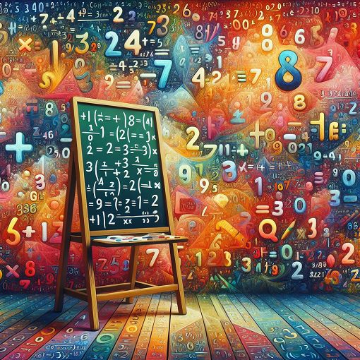 A colorful and engaging illustration depicting numbers, mathematical symbols (like +, -, *, /), and a chalkboard with mathematical equations, representing mathematical challenges and quizzes.