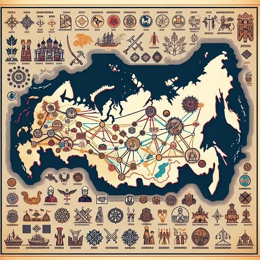 Create an image of a historical map of Russia highlighting its alliances and relationships with other countries, with symbols representing key events in history.